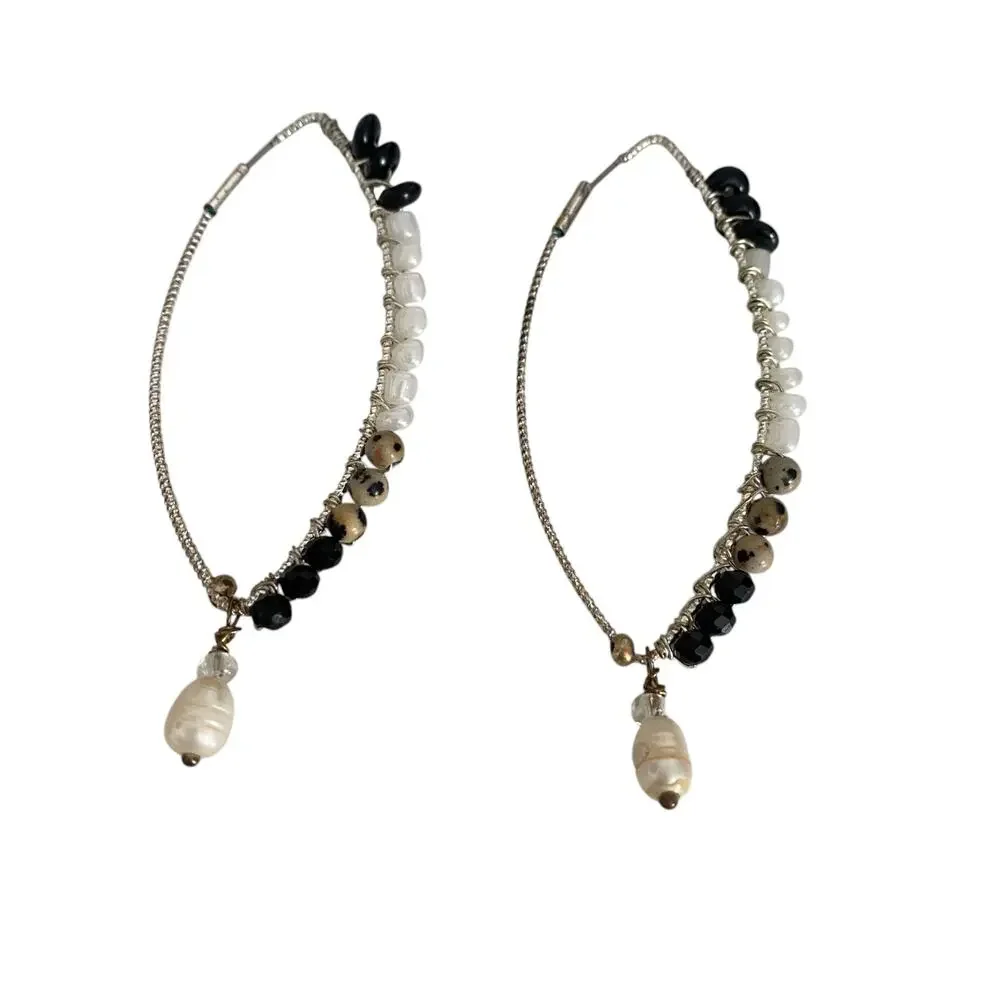 Rare Beaded teardrop Hoop Silver Earrings with pearl at the end